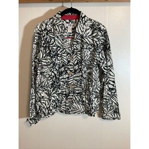 Coldwater Creek Women’s M Blazer Black White Floral Fashion Art to Wear Button